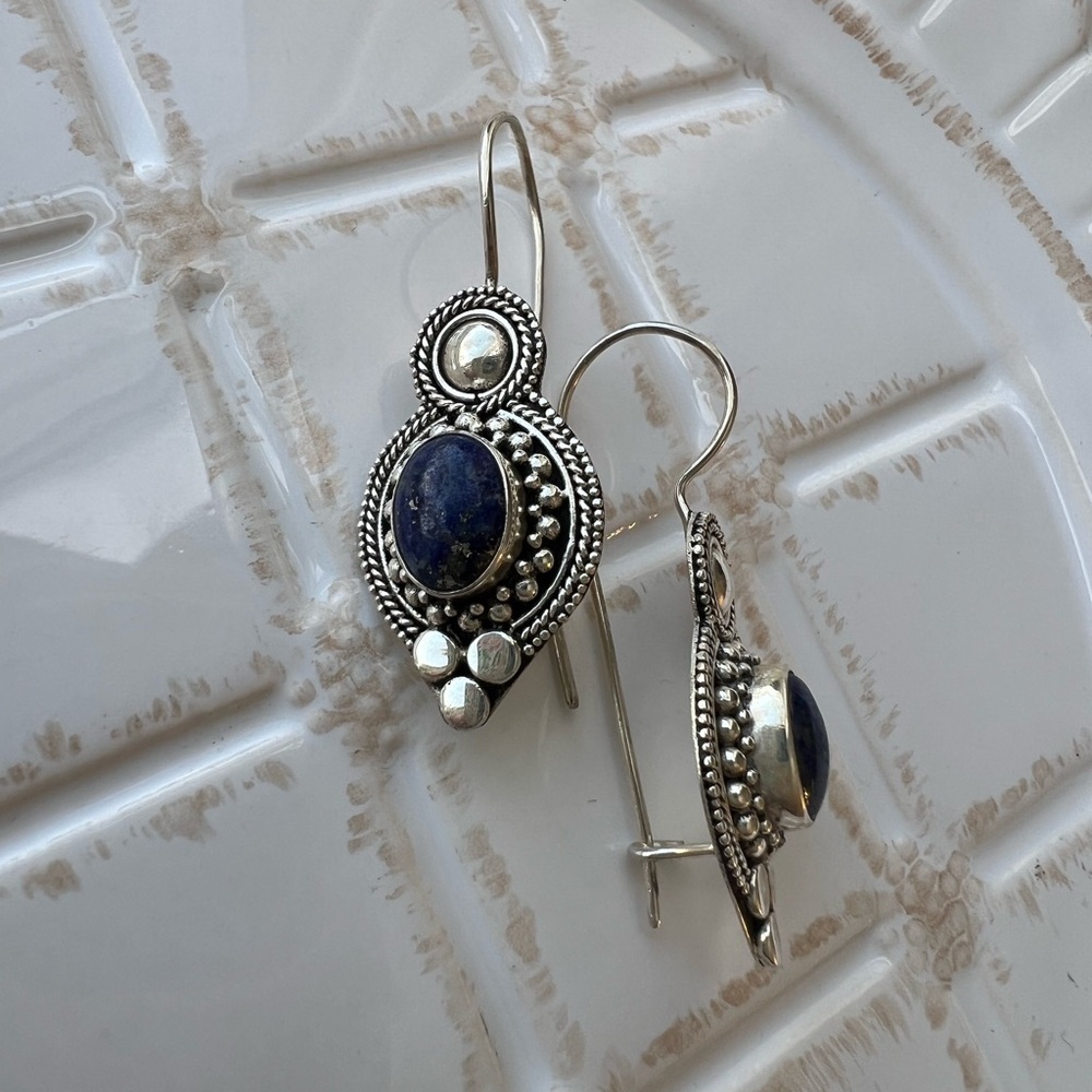 Oval Dangle Earrings Vintage Sterling Silver 925 NOS Blue Stone - Picture 3 of 5